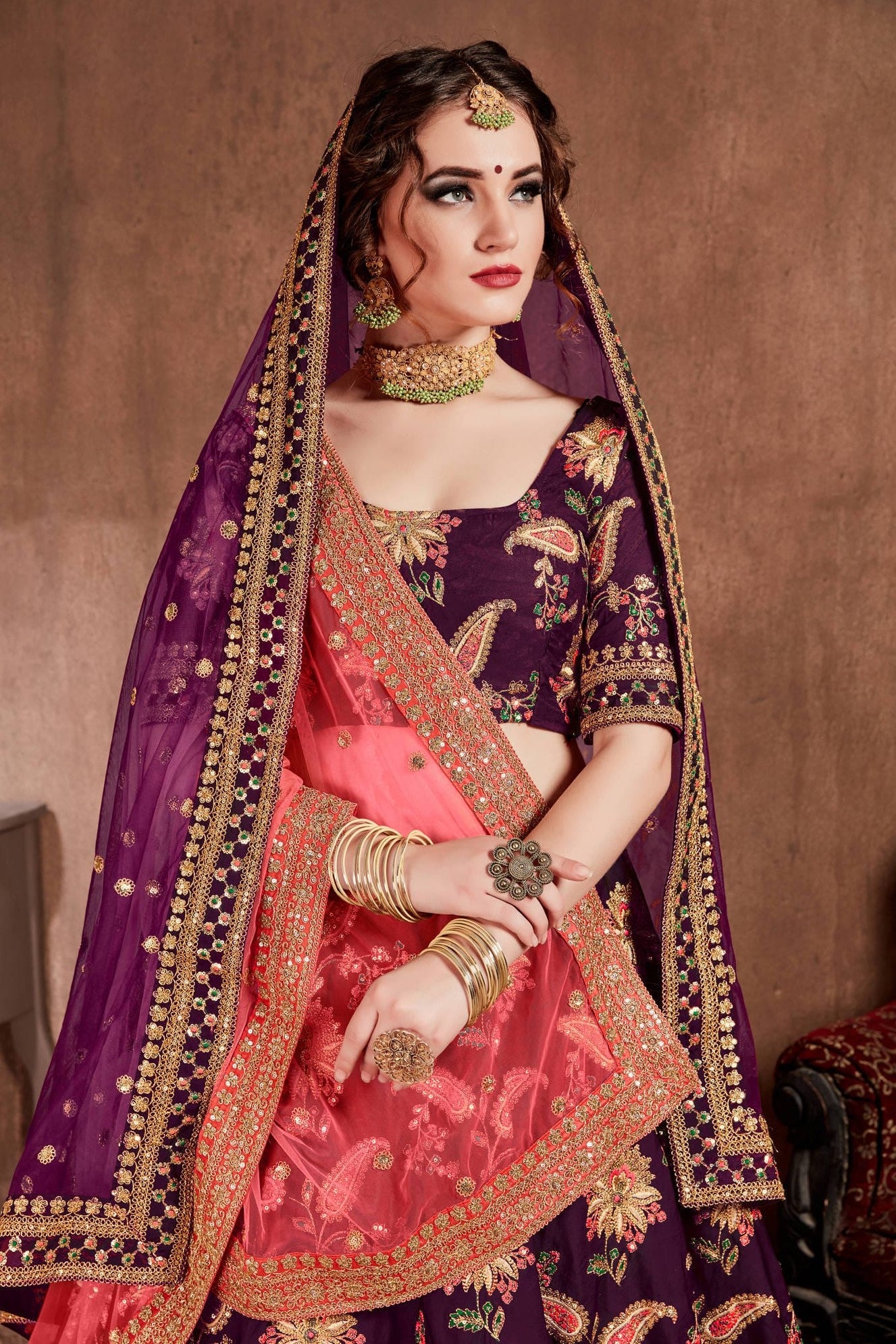 Plum Taffeta Silk Lehenga for Wedding with Zari and Dori Work