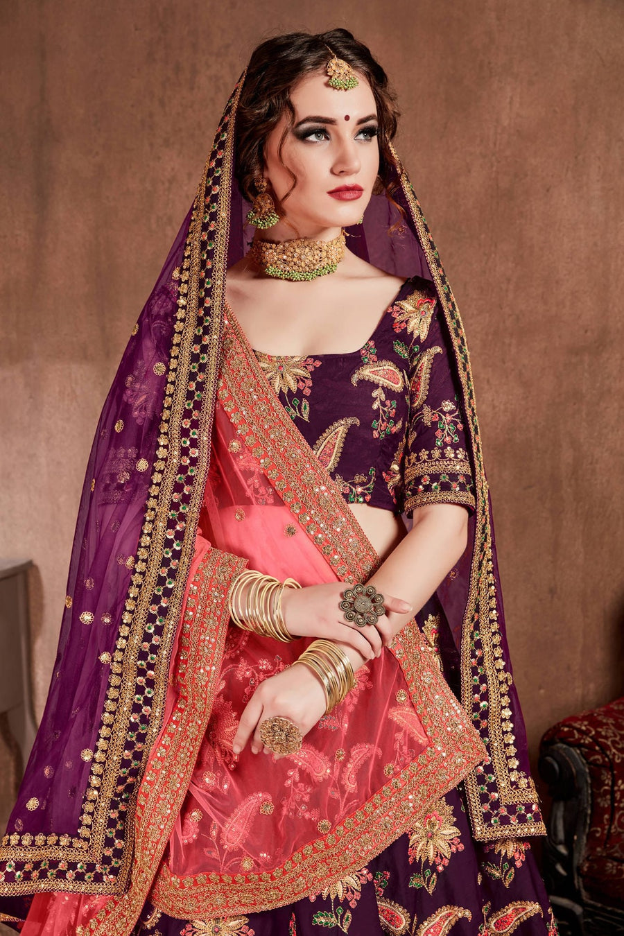 Plum Taffeta Silk Lehenga for Wedding with Zari and Dori Work