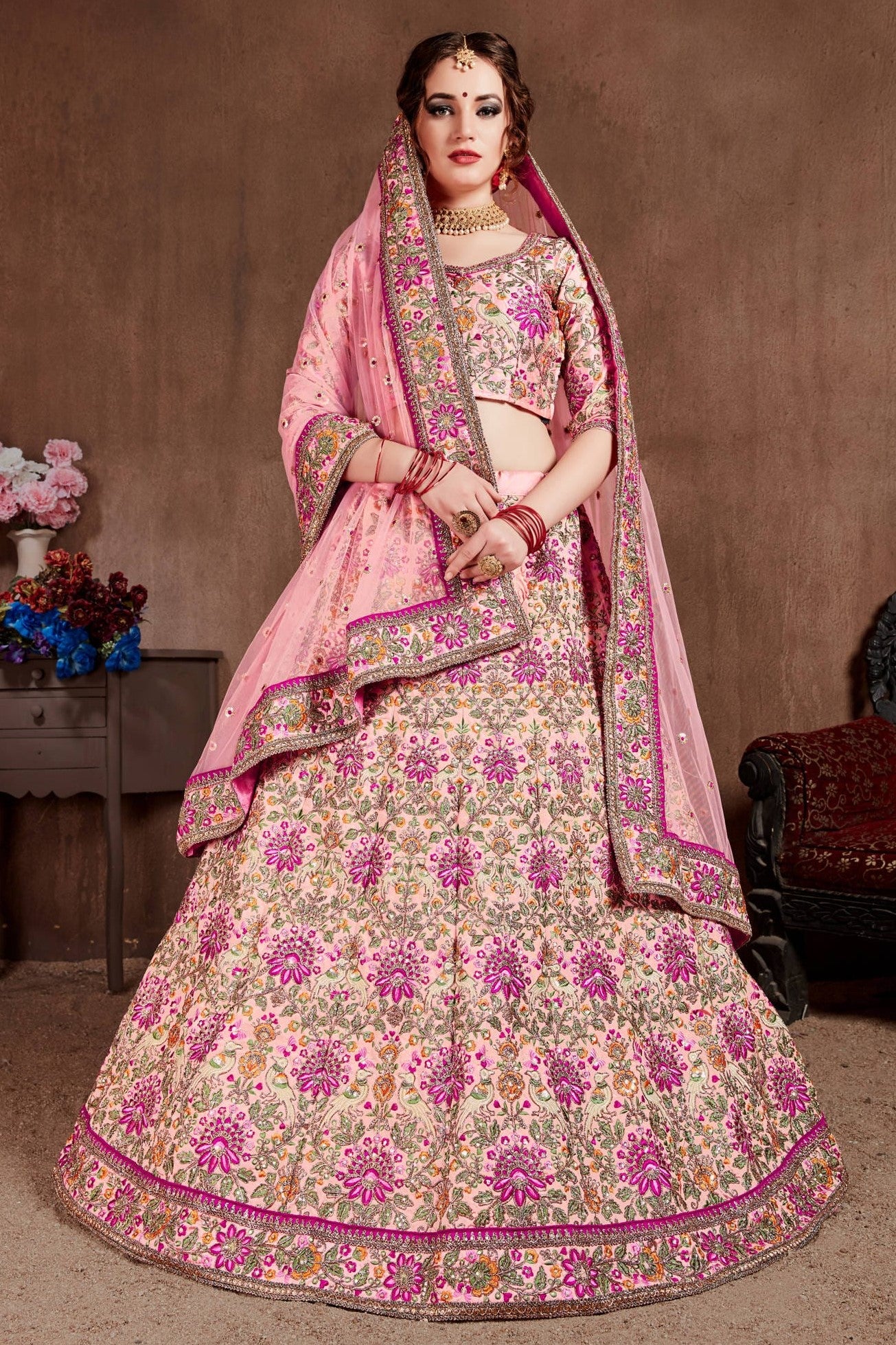 Pink Taffeta Silk Lehenga for Wedding with Dori Work