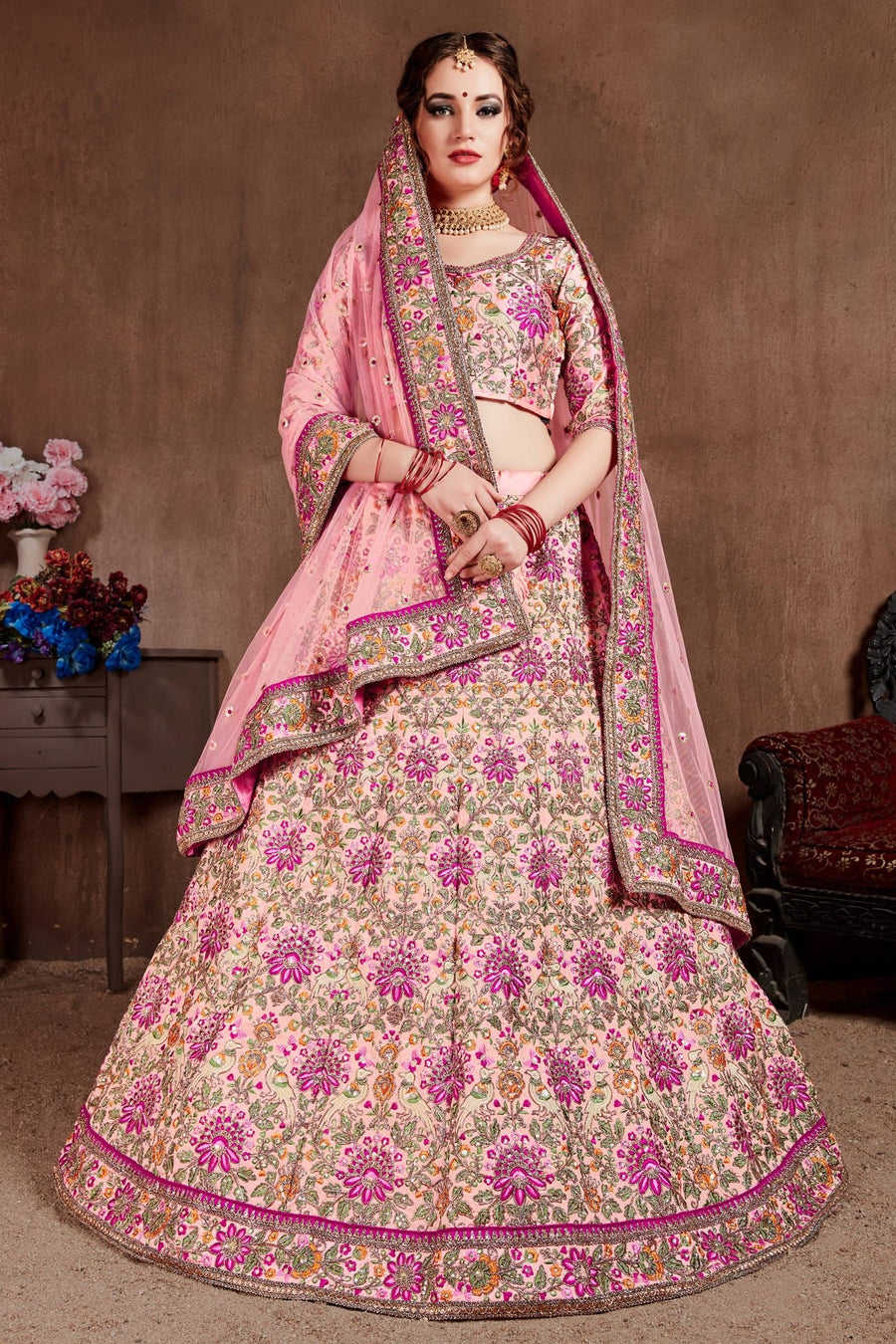 Pink Taffeta Silk Lehenga for Wedding with Dori Work