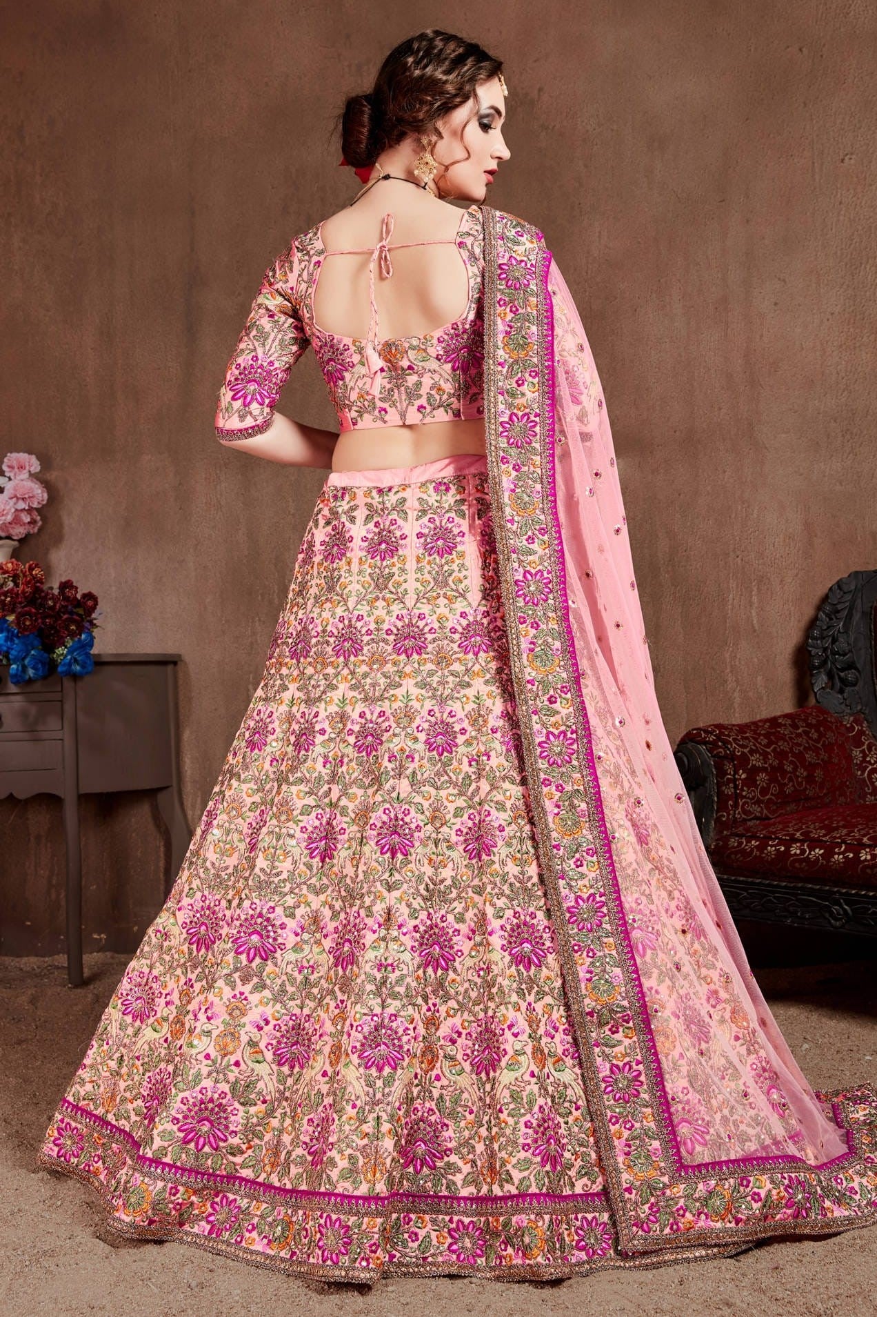 Pink Taffeta Silk Lehenga for Wedding with Dori Work