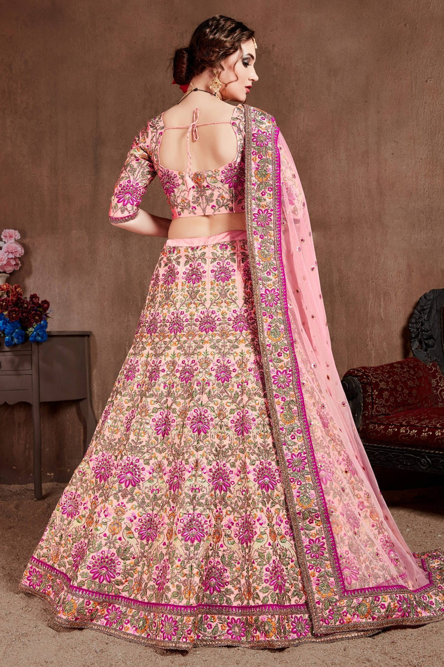 Pink Taffeta Silk Lehenga for Wedding with Dori Work