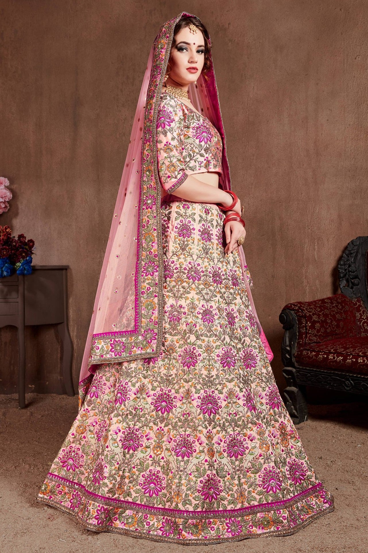 Pink Taffeta Silk Lehenga for Wedding with Dori Work