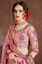 Pink Taffeta Silk Lehenga for Wedding with Dori Work