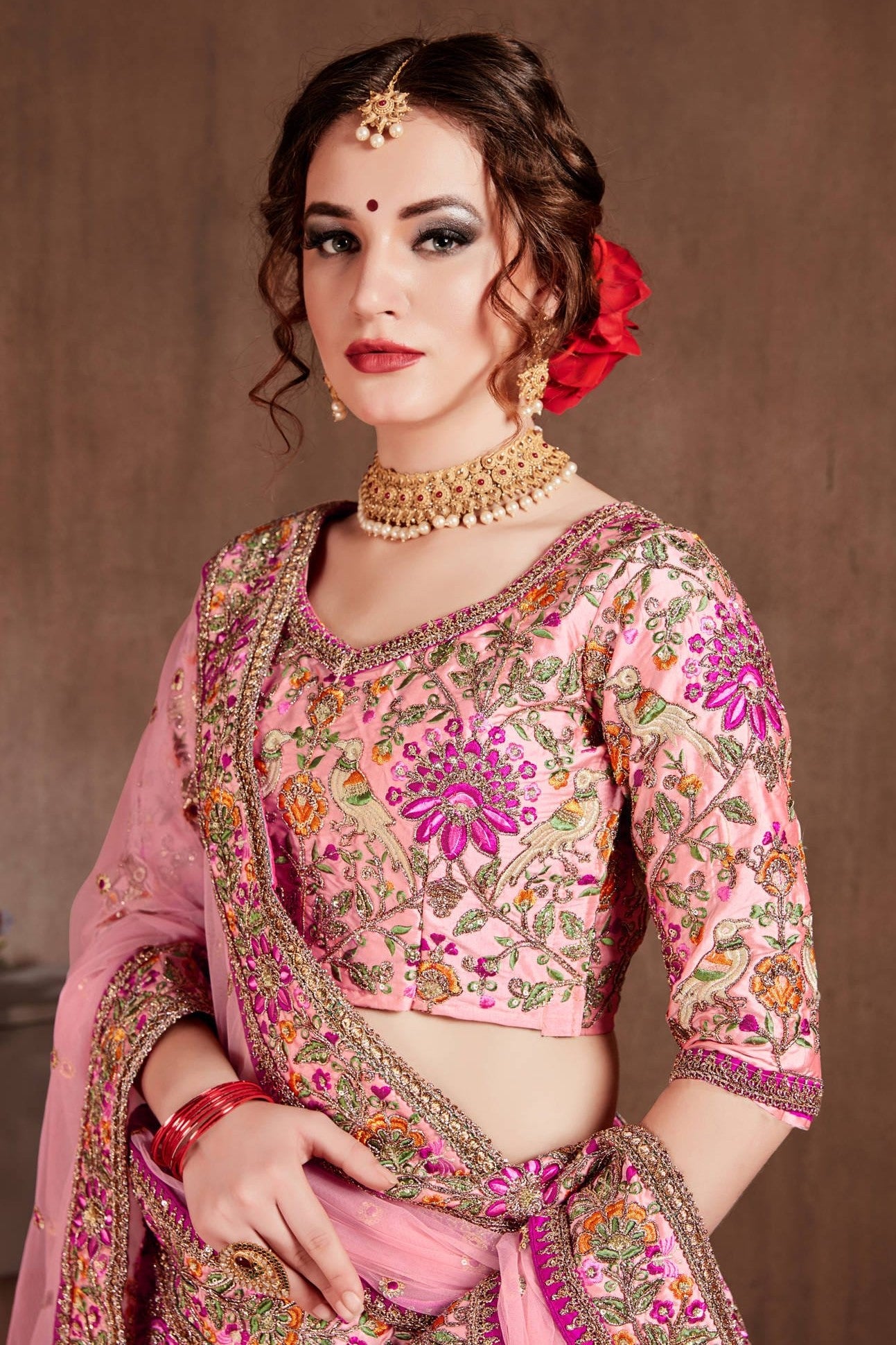 Pink Taffeta Silk Lehenga for Wedding with Dori Work