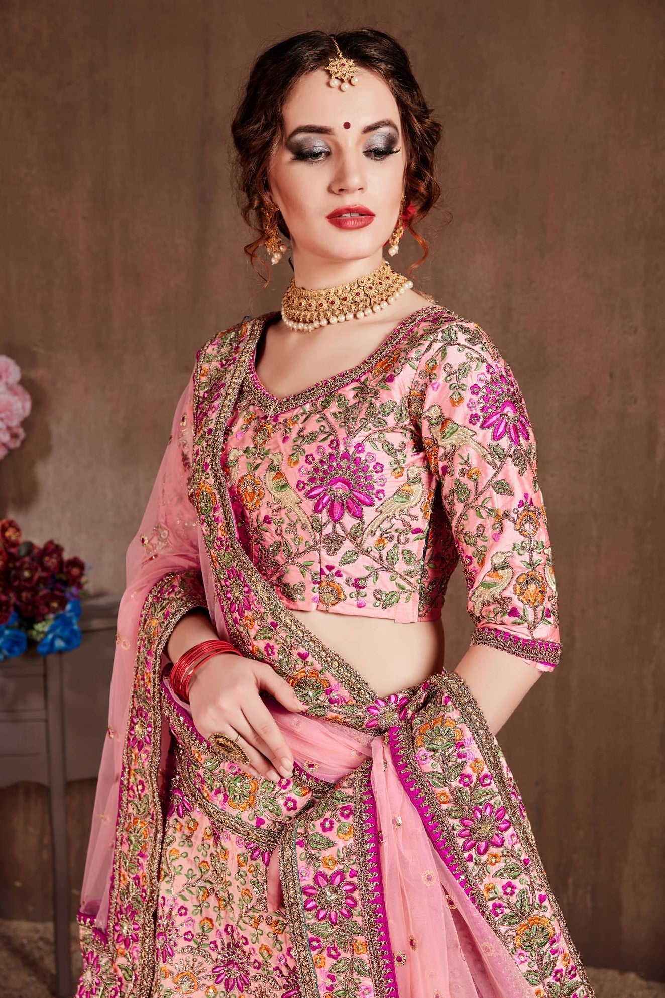 Pink Taffeta Silk Lehenga for Wedding with Dori Work