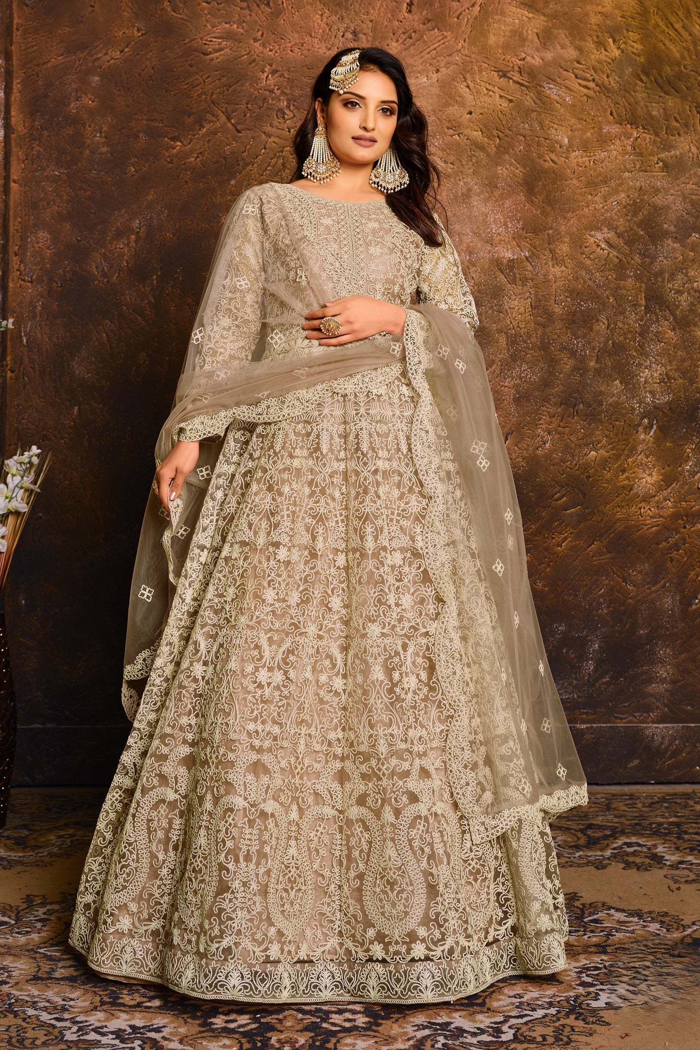Natural Net Embroidery Anarkali for Sangeet Outfits for Women