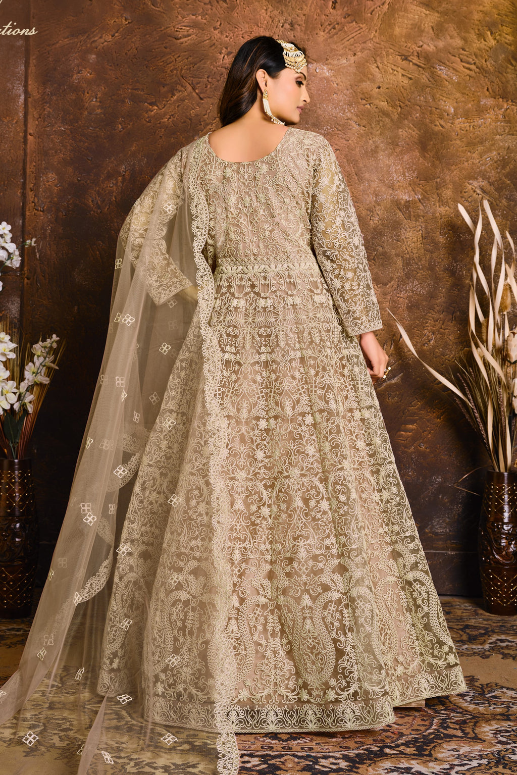 Natural Net Embroidery Anarkali for Sangeet Outfits for Women