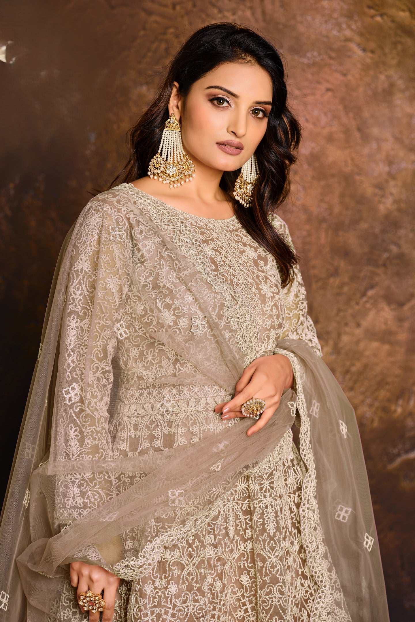 Natural Net Embroidery Anarkali for Sangeet Outfits for Women