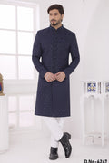 Navy Art Silk Thread Embroidery Sherwani Kurta Pajama Male