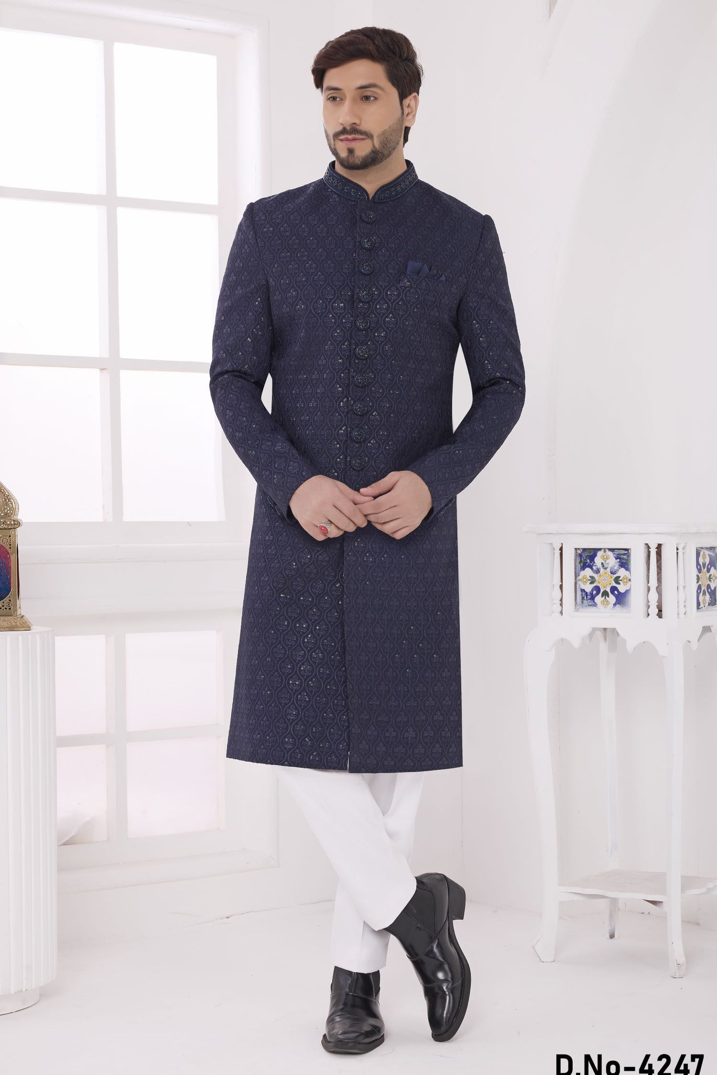 Navy Art Silk Thread Embroidery Sherwani Kurta Pajama Male