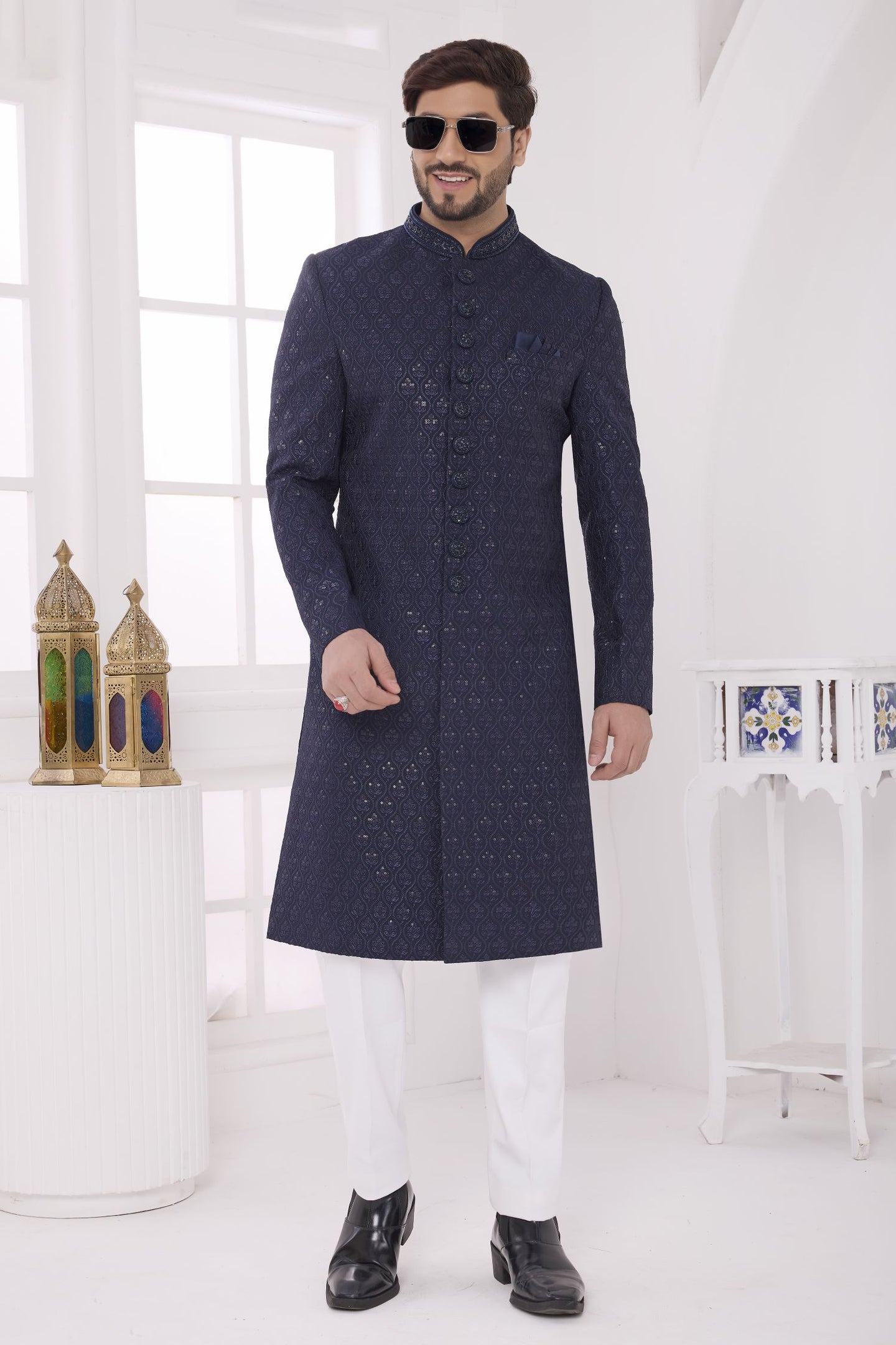 Navy Art Silk Thread Embroidery Sherwani Kurta Pajama Male