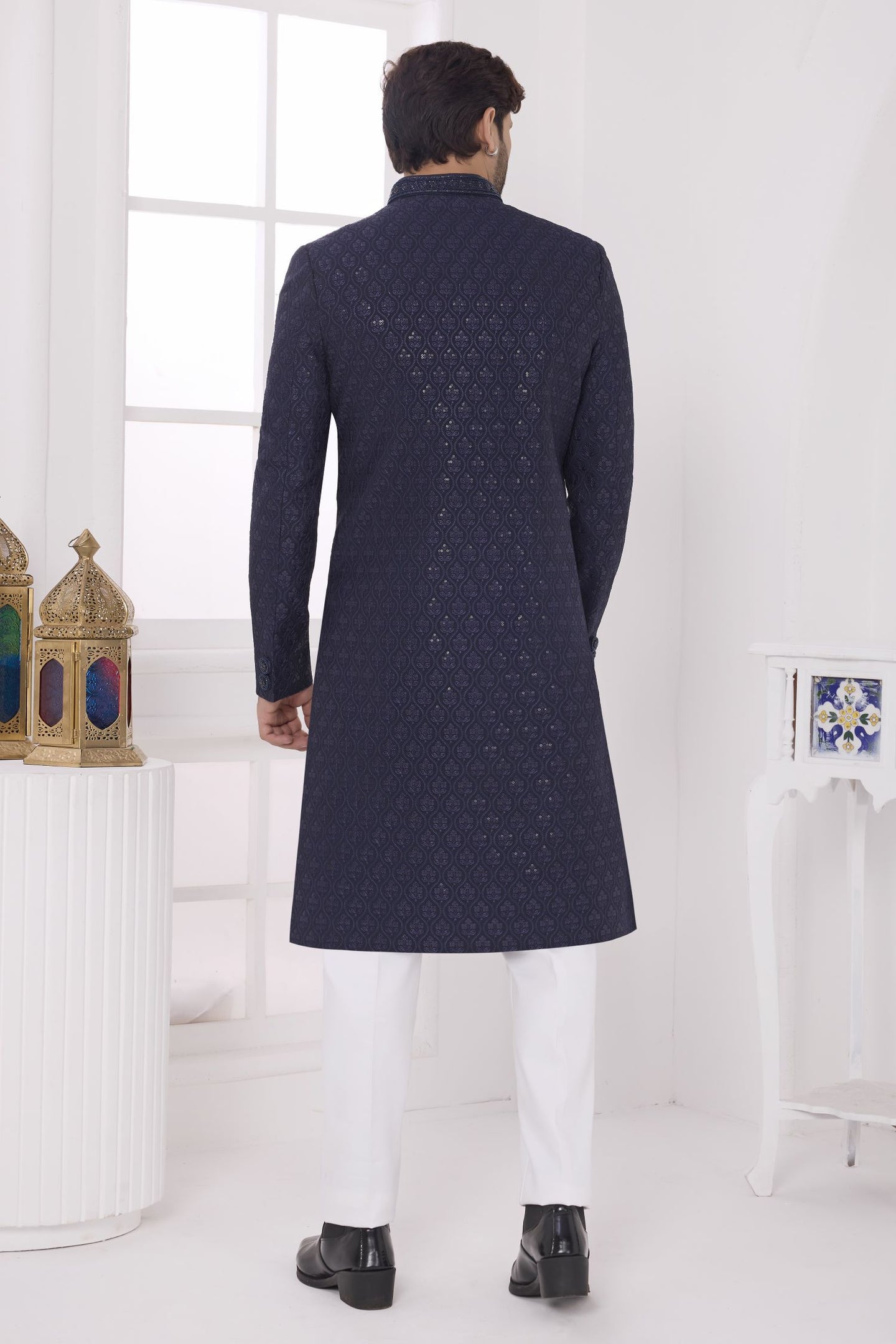 Navy Art Silk Thread Embroidery Sherwani Kurta Pajama Male