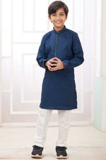 Navy Blue Art Silk 2 Piece Kids Wear Boys Suit Long Kurta Pajama for Kids for Festivals & Wedding - Embroidery Work