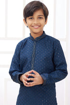 Dark Blue Art Silk 2 Piece Kids Wear Boys Suit Long Kurta Pajama for Kids for Festivals & Wedding - Embroidery Work