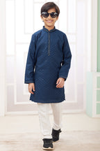 Dark Blue Art Silk 2 Piece Kids Wear Boys Suit Long Kurta Pajama for Kids for Festivals & Wedding - Embroidery Work
