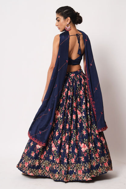 Navy Blue Art Silk Floral Printed Lehenga Choli For Indian Festivals & Weddings - Print Work, Sequence Embroidery Work, Thread Embroidery Work,