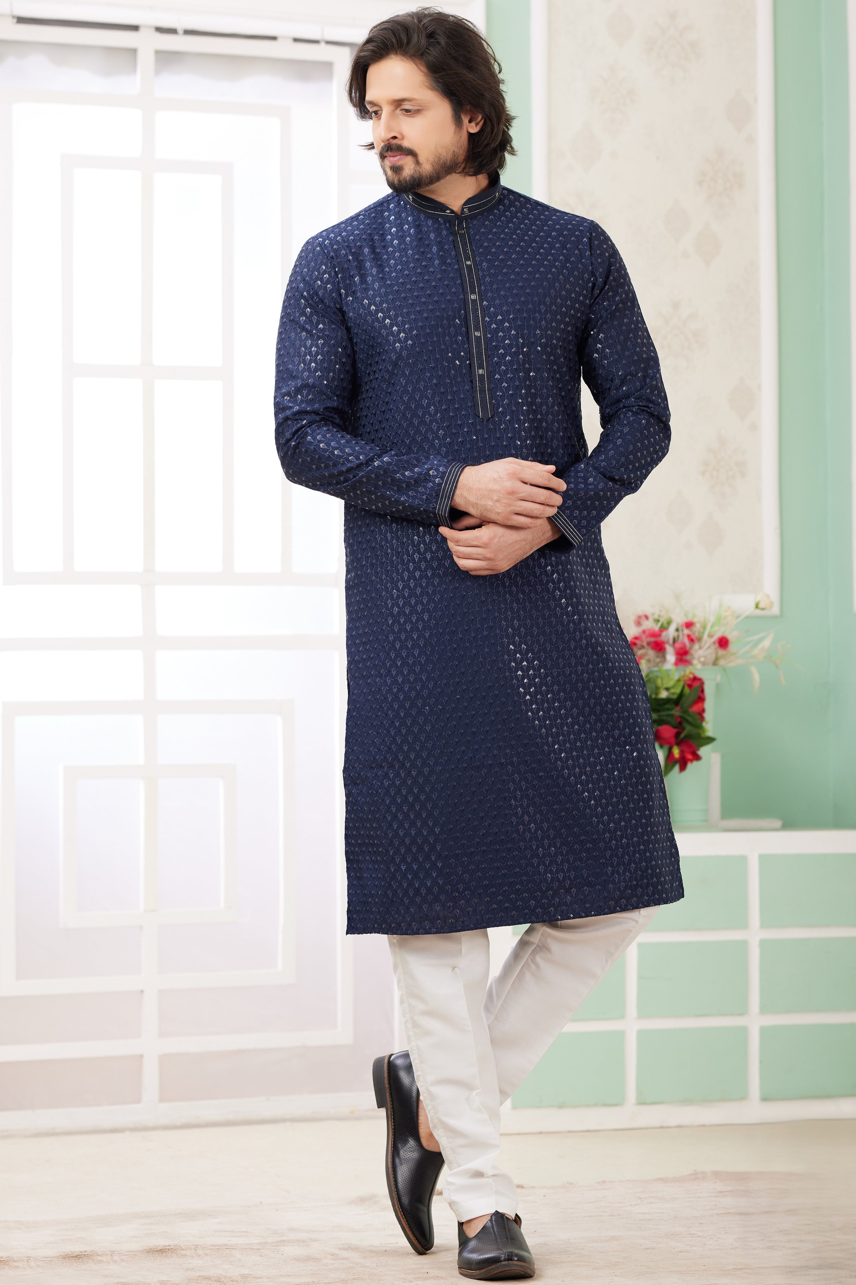 Navy Blue Art Silk Indo Western Traditional Sherwani Long Kurta & Pant Suit for Men for Wedding - Embroidery Work
