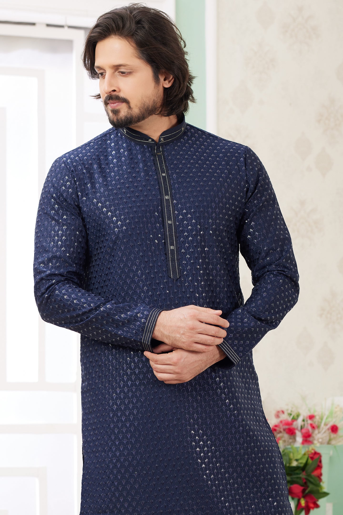 Navy Blue Art Silk Indo Western Traditional Sherwani Long Kurta & Pant Suit for Men for Wedding - Embroidery Work