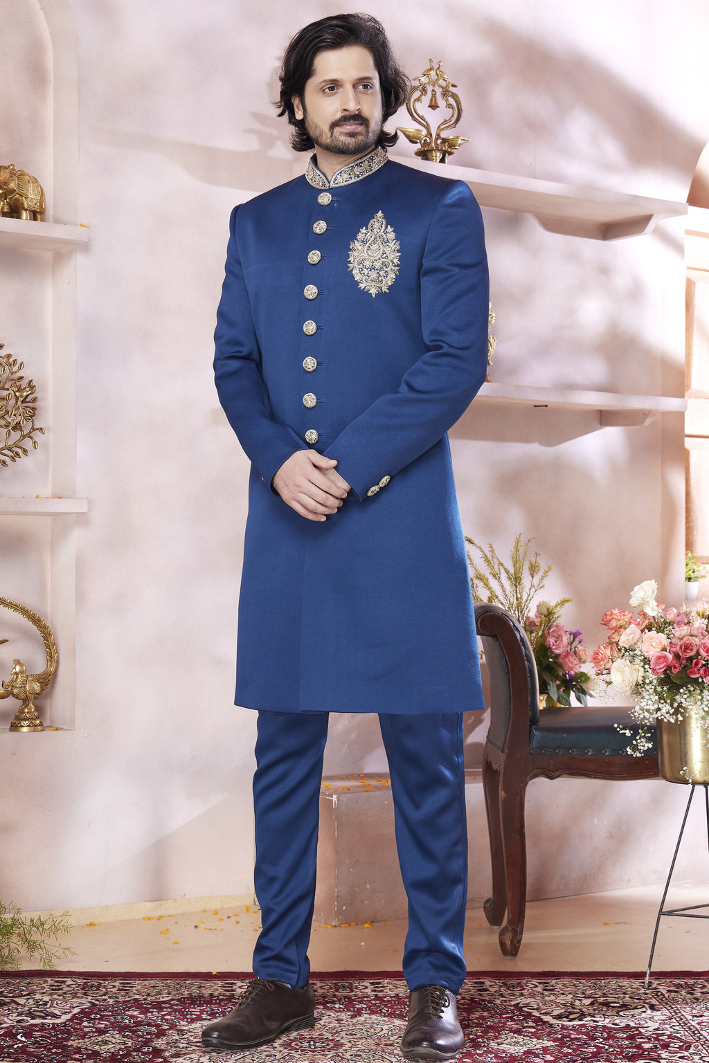 Navy Blue Art Silk Indo Western Traditional Sherwani Long Kurta & Pant Suit for Men for Wedding -Embroidery Work