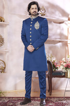 Navy Blue Art Silk Indo Western Traditional Sherwani Long Kurta & Pant Suit for Men for Wedding -Embroidery Work