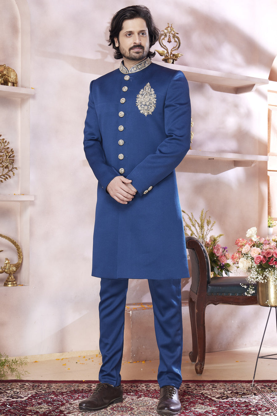 Navy Blue Art Silk Indo Western Traditional Sherwani Long Kurta & Pant Suit for Men for Wedding -Embroidery Work