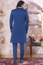 Navy Blue Art Silk Indo Western Traditional Sherwani Long Kurta & Pant Suit for Men for Wedding -Embroidery Work