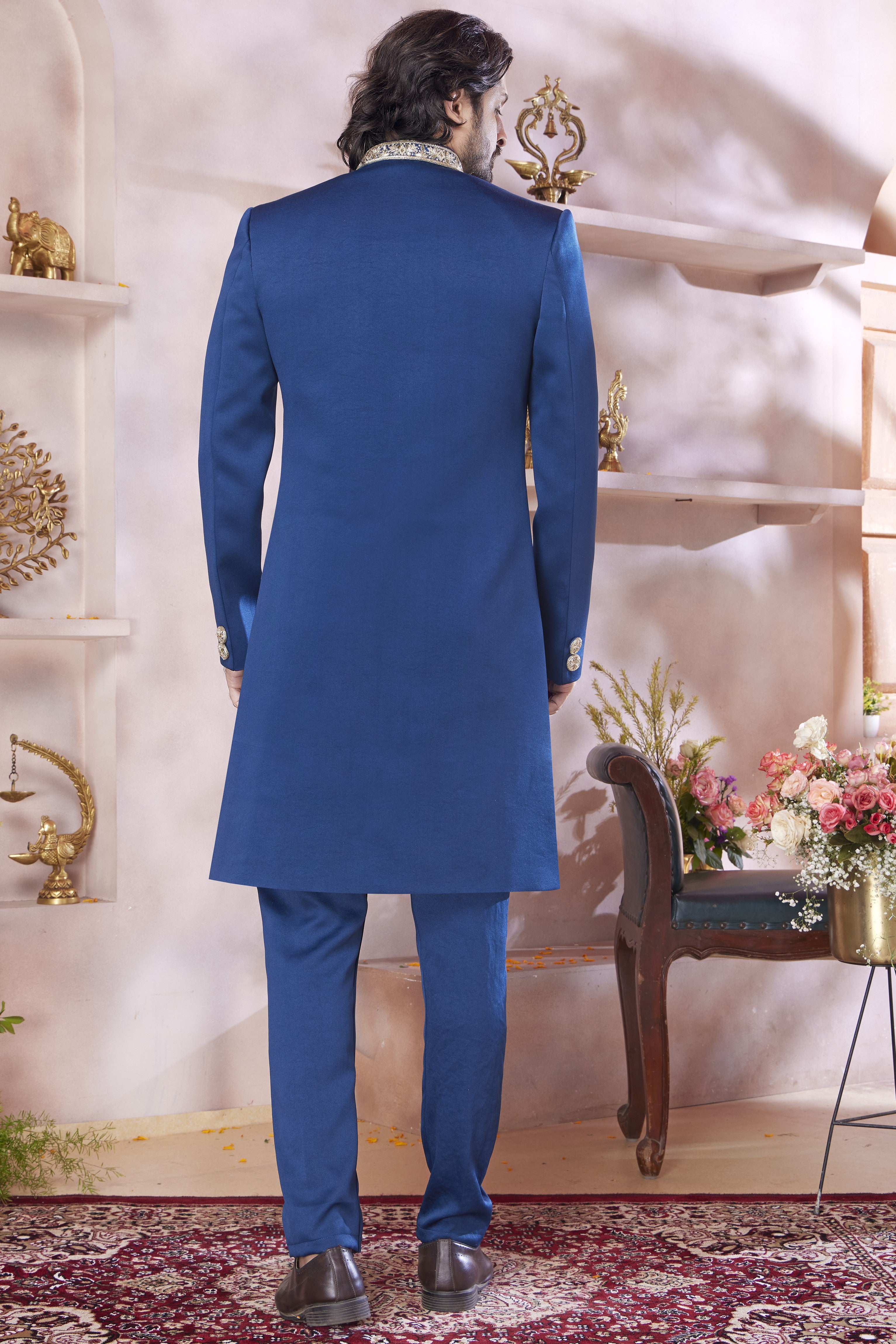 Navy Blue Art Silk Indo Western Traditional Sherwani Long Kurta & Pant Suit for Men for Wedding -Embroidery Work