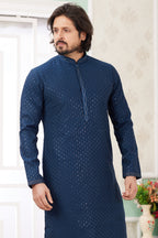 Navy Blue Art Silk Indo Western Traditional Sherwani Long Kurta & Pant Suit for Men for Wedding - Embroidery Work