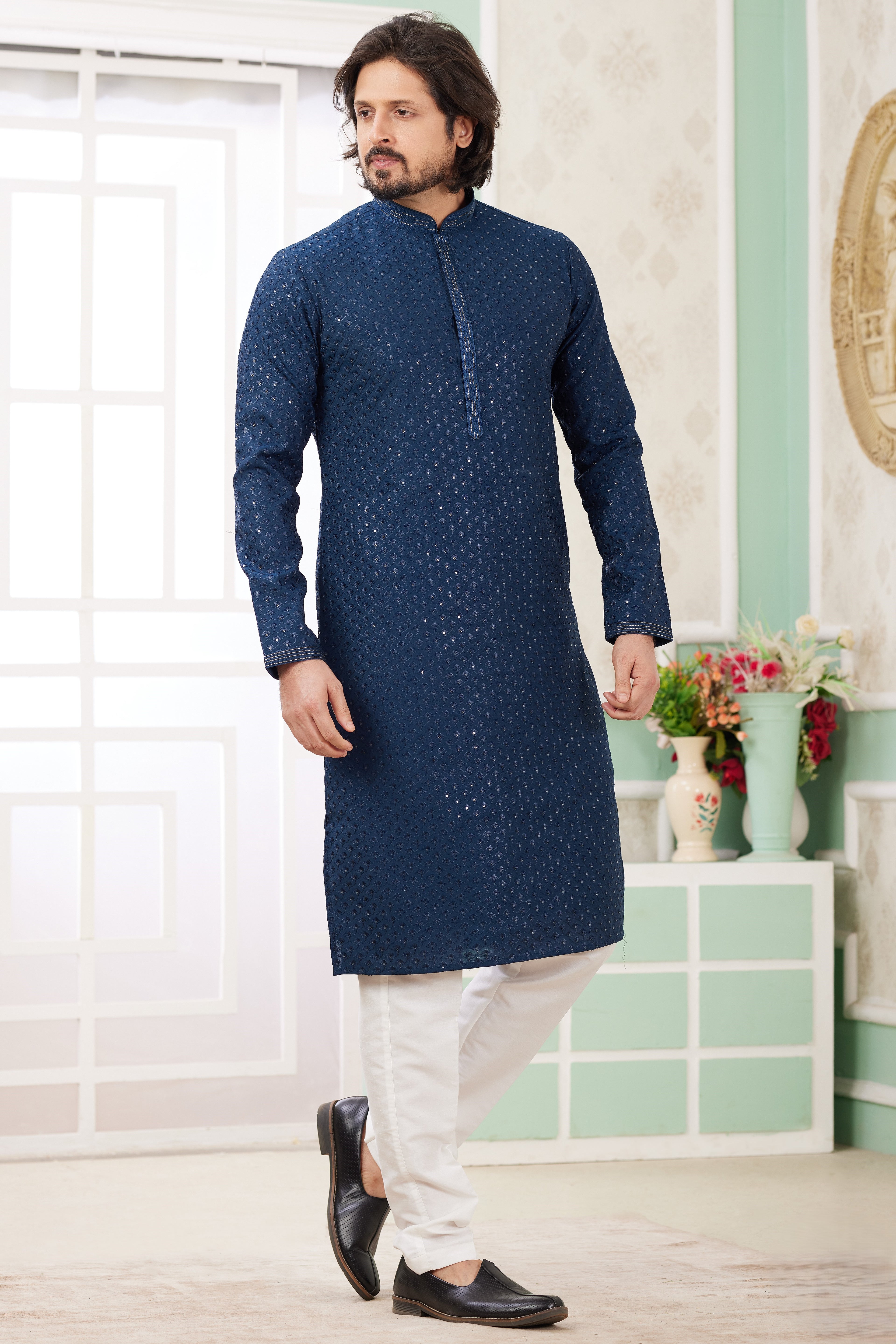 Navy Blue Art Silk Indo Western Traditional Sherwani Long Kurta & Pant Suit for Men for Wedding - Embroidery Work