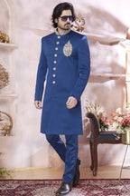 Navy Blue Art Silk Indo Western Traditional Sherwani Long Kurta & Pant Suit for Men for Wedding -Embroidery Work