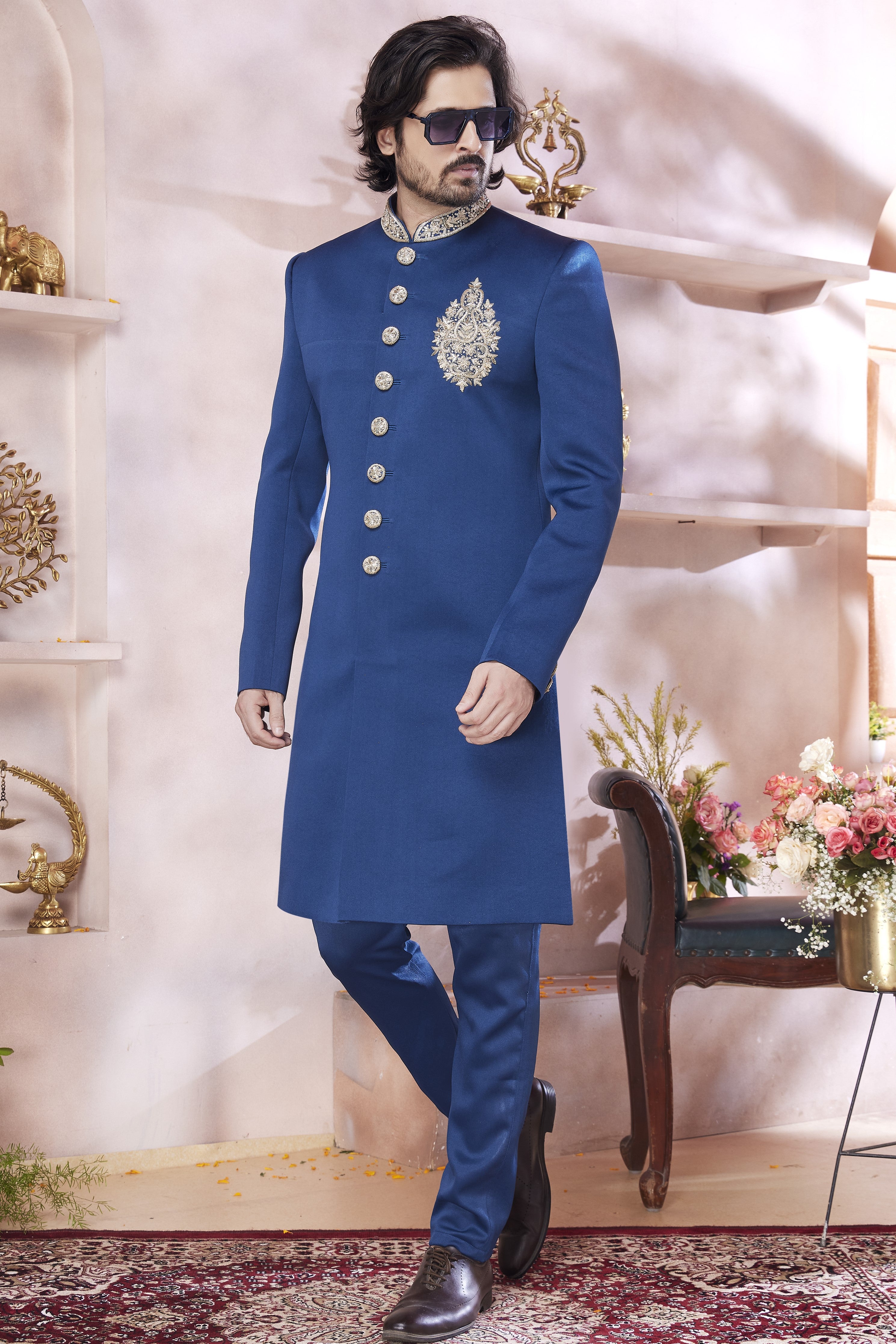 Navy Blue Art Silk Indo Western Traditional Sherwani Long Kurta & Pant Suit for Men for Wedding -Embroidery Work
