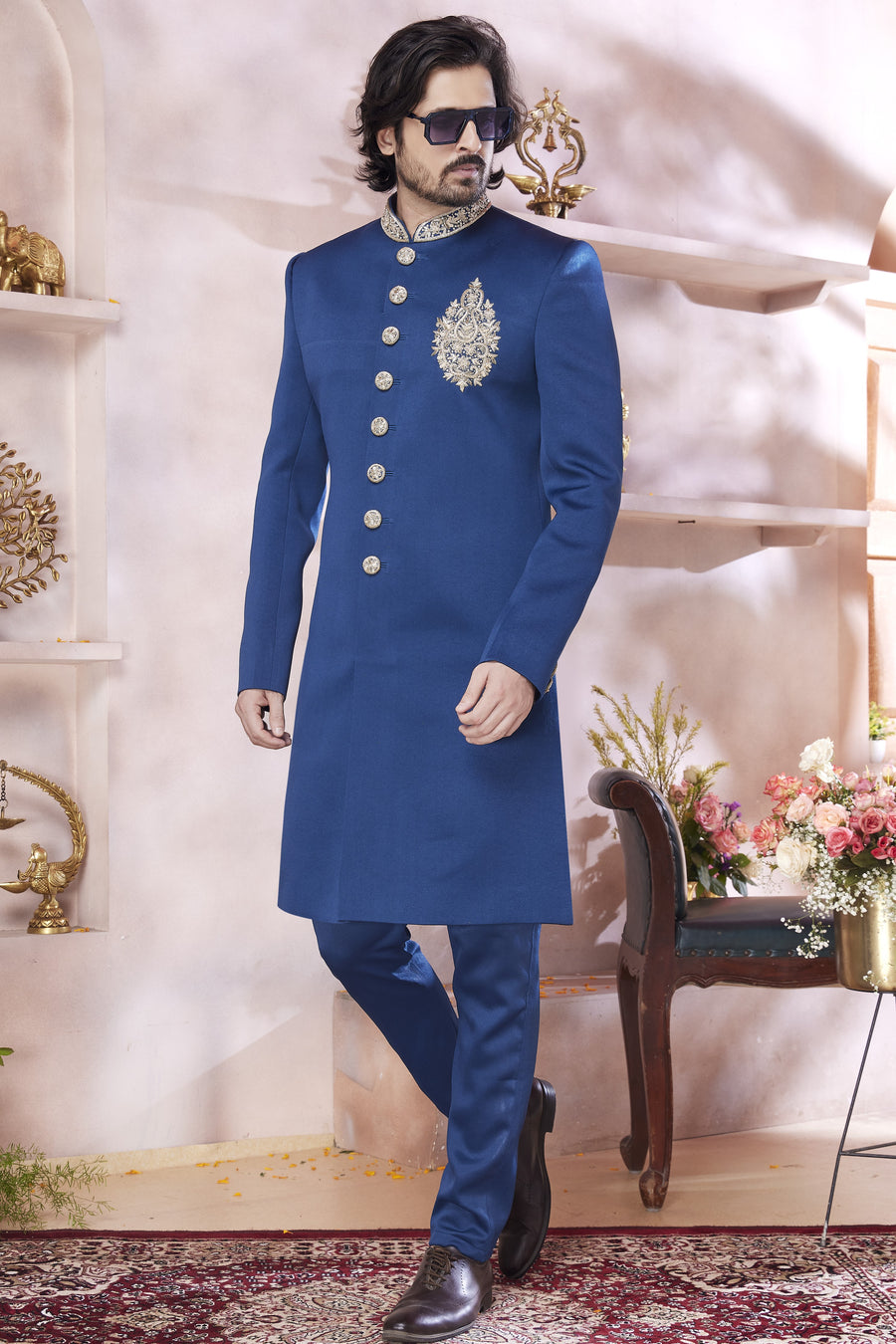 Navy Blue Art Silk Indo Western Traditional Sherwani Long Kurta & Pant Suit for Men for Wedding -Embroidery Work