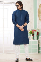 Navy Blue Art Silk Indo Western Traditional Sherwani Long Kurta & Pant Suit for Men for Wedding - Embroidery Work