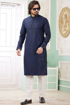 Navy Blue Art Silk Indo Western Traditional Sherwani Long Kurta & Pant Suit for Men for Wedding - Embroidery Work