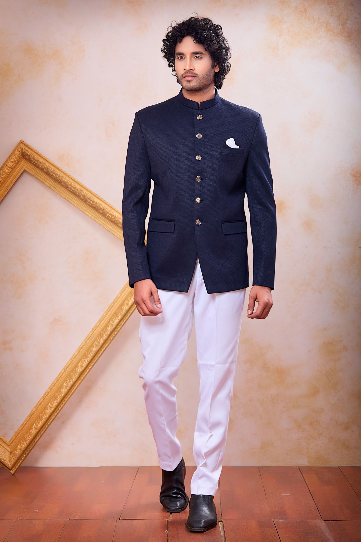 Navy Blue Art Silk Plain Jodhpuri Suit For Men & Pant