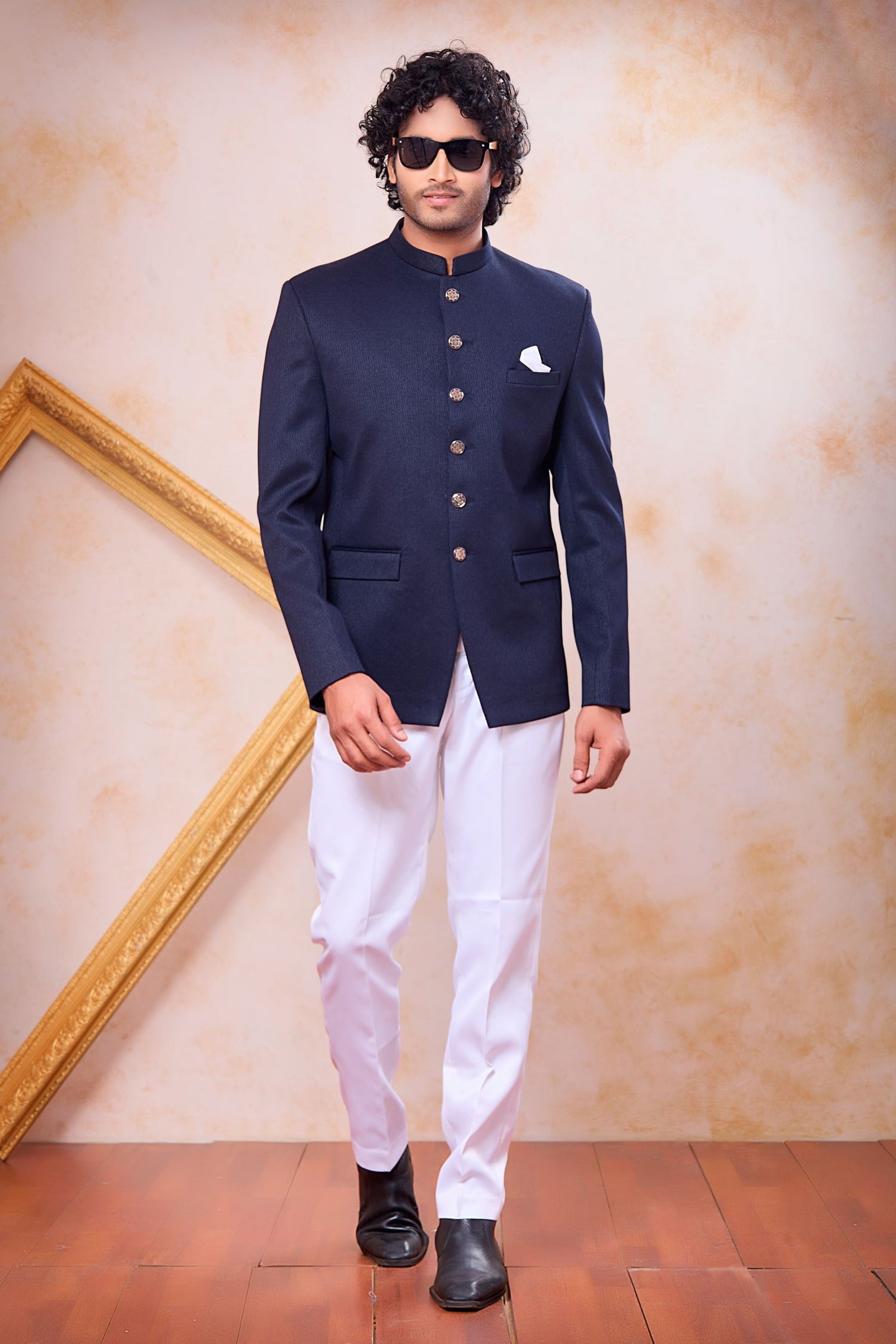 Navy Blue Art Silk Plain Jodhpuri Suit For Men & Pant