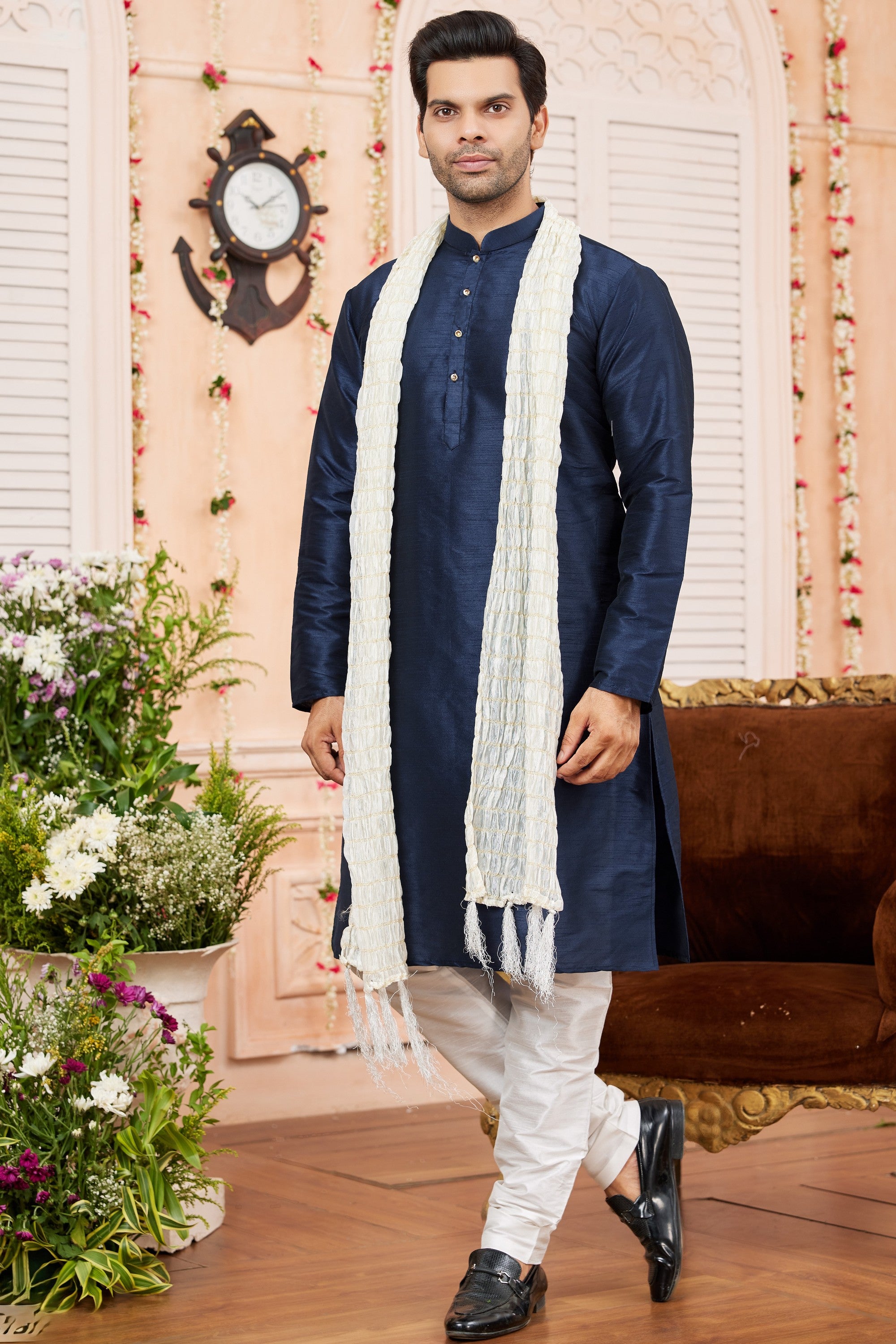 Navy Blue Art Silk Plain Kurta Pajama with Stole Scarf for Men for Festivals & Wedding