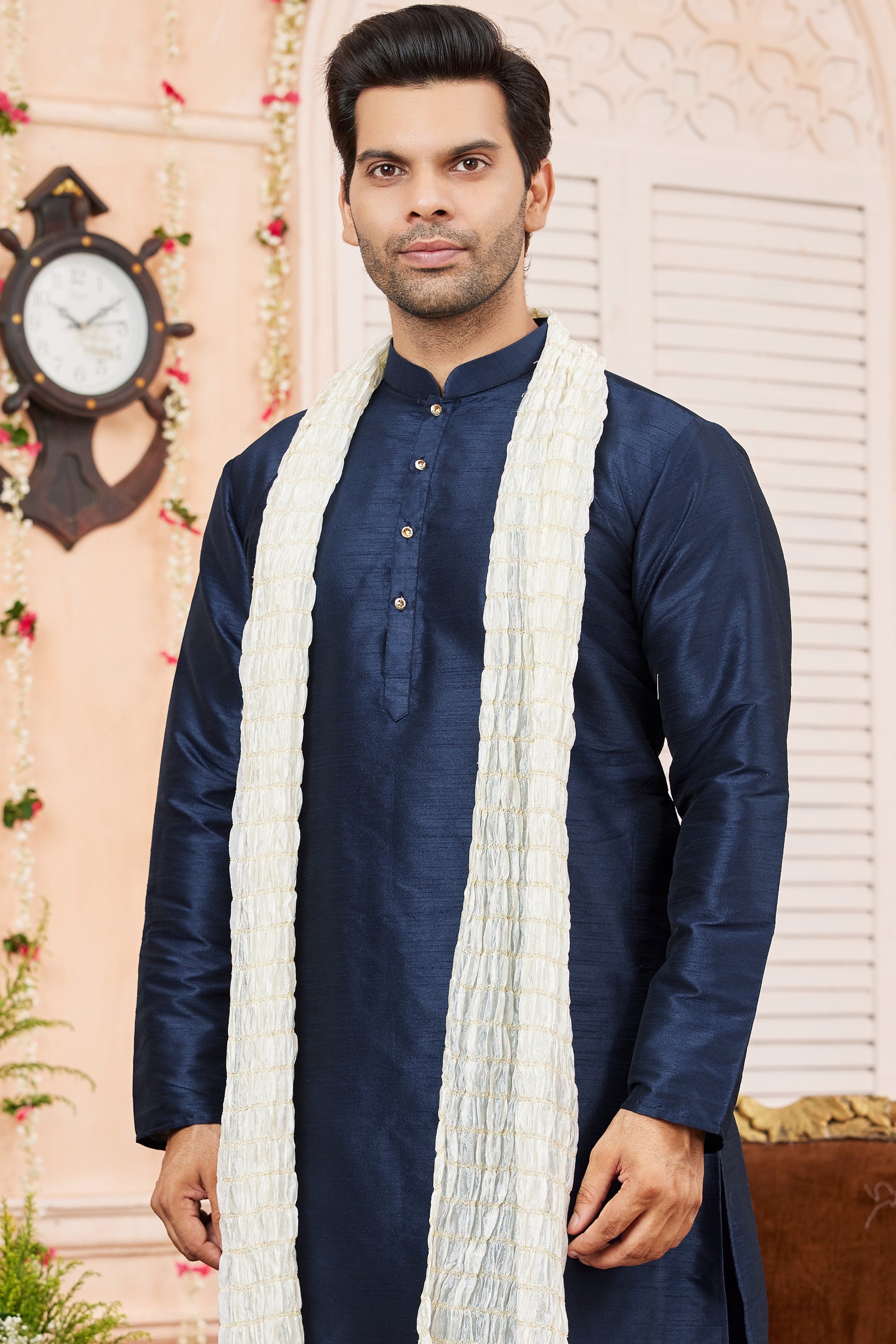 Navy Blue Art Silk Plain Kurta Pajama with Stole Scarf for Men for Festivals & Wedding