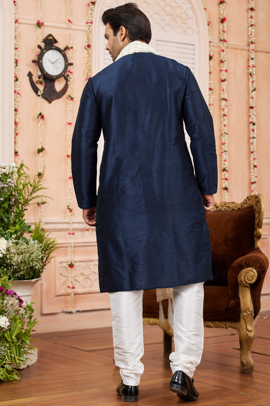 Navy Blue Art Silk Plain Kurta Pajama with Stole Scarf for Men for Festivals & Wedding
