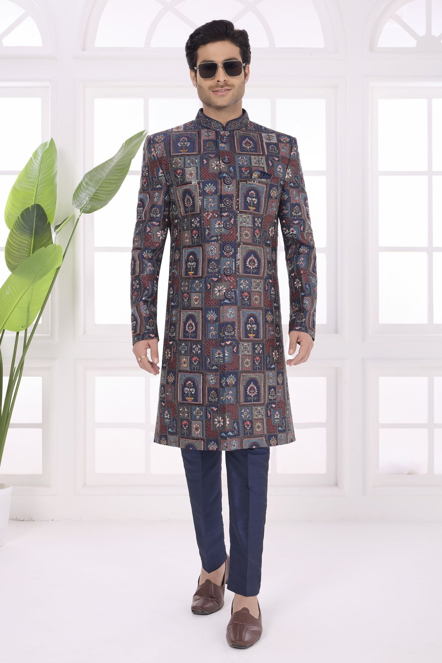 Navy Blue Art Silk Thread Embroidery Sherwani Kurta for Men Marriage & Pajama