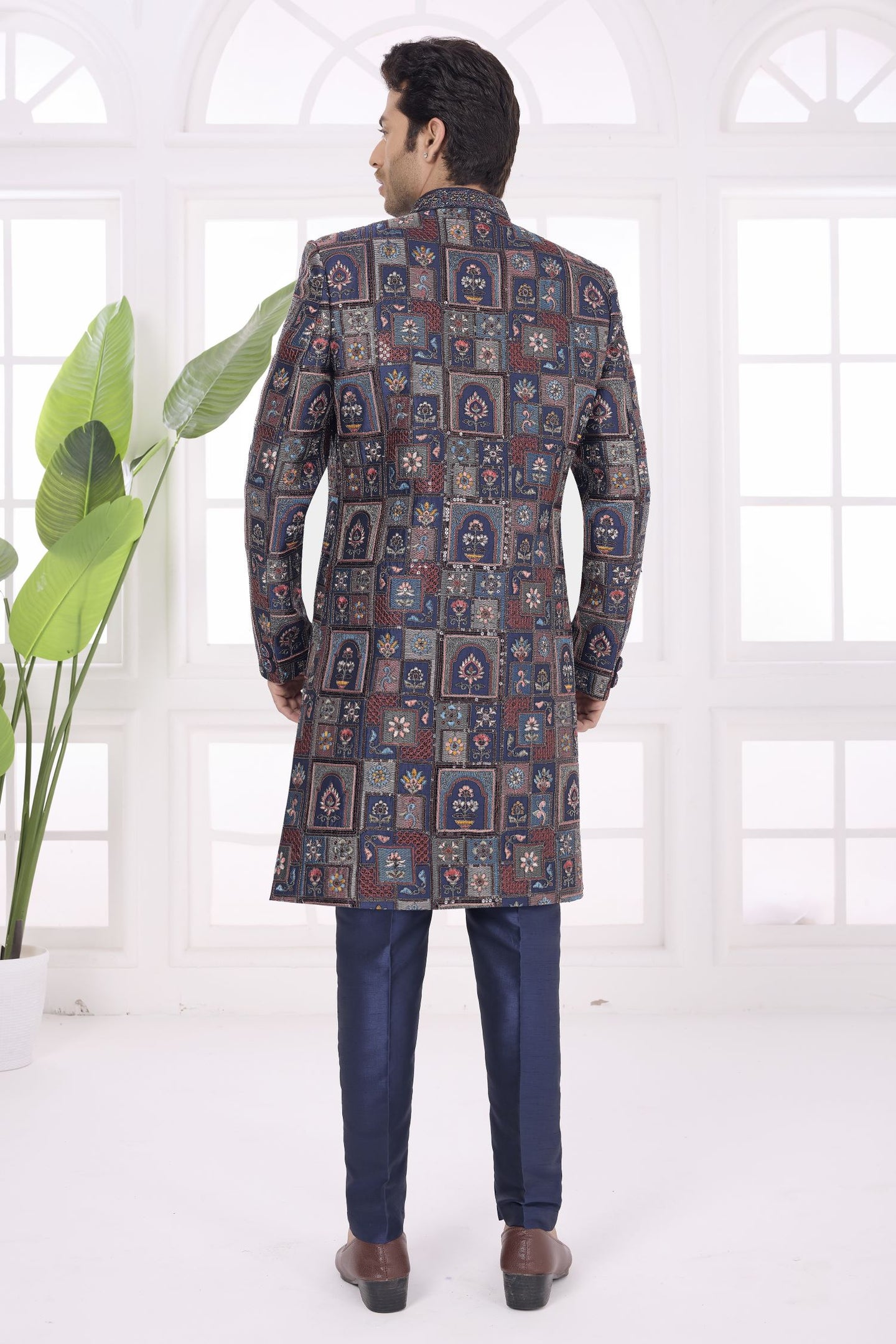 Navy Blue Art Silk Thread Embroidery Sherwani Kurta for Men Marriage & Pajama
