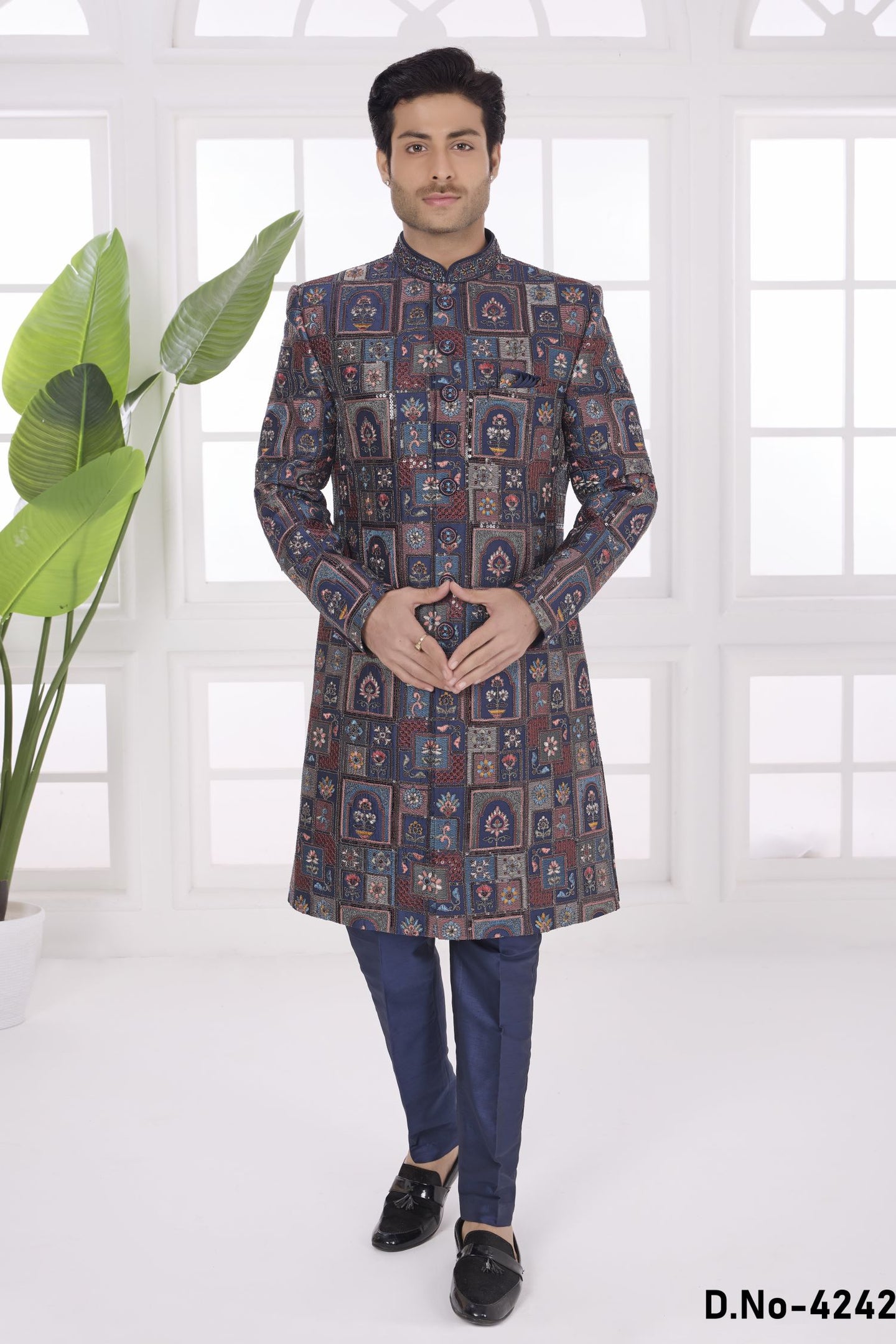Navy Blue Art Silk Thread Embroidery Sherwani Kurta for Men Marriage & Pajama