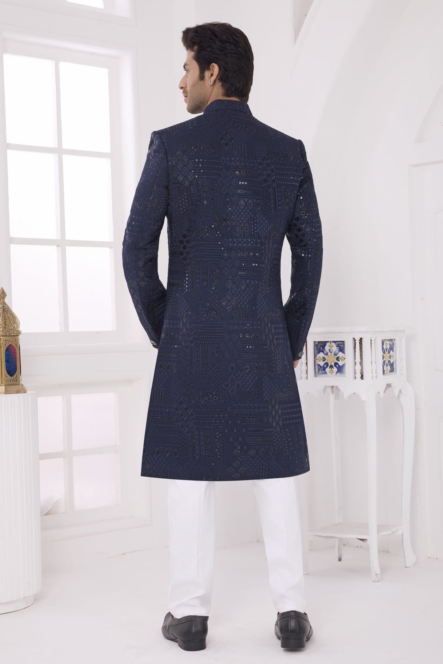 Navy Blue Art Silk Thread Work Sherwani with Men's Kurta Pyjama