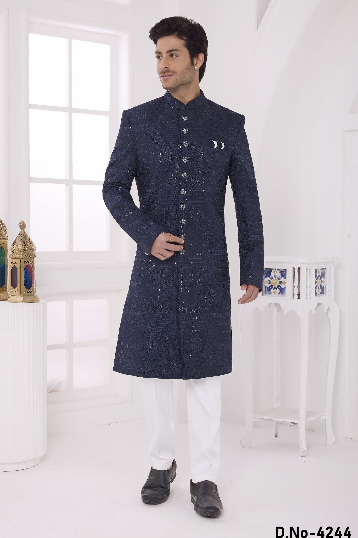 Navy Blue Art Silk Thread Work Sherwani with Men's Kurta Pyjama