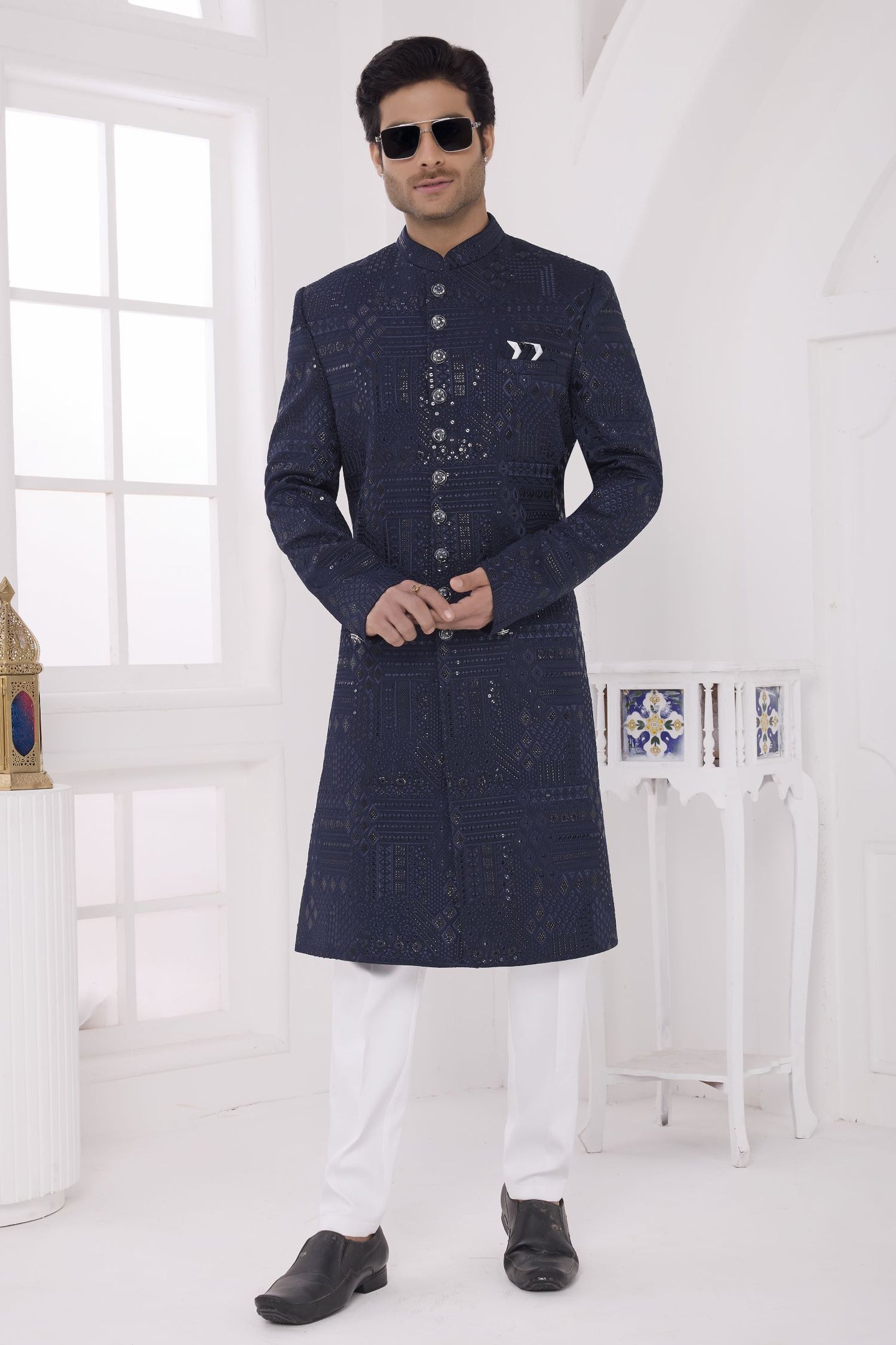Navy Blue Art Silk Thread Work Sherwani with Men's Kurta Pyjama