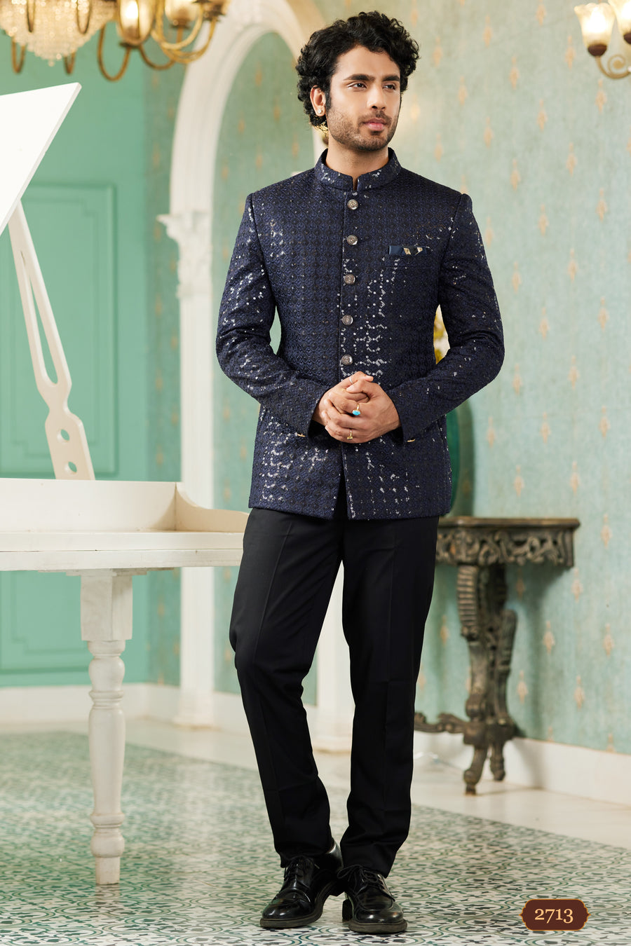 Navy Blue Art Silk Traditional Jodhpuri Suits with Jacket & Pant for Men for Wedding - Thread Embroidery Work