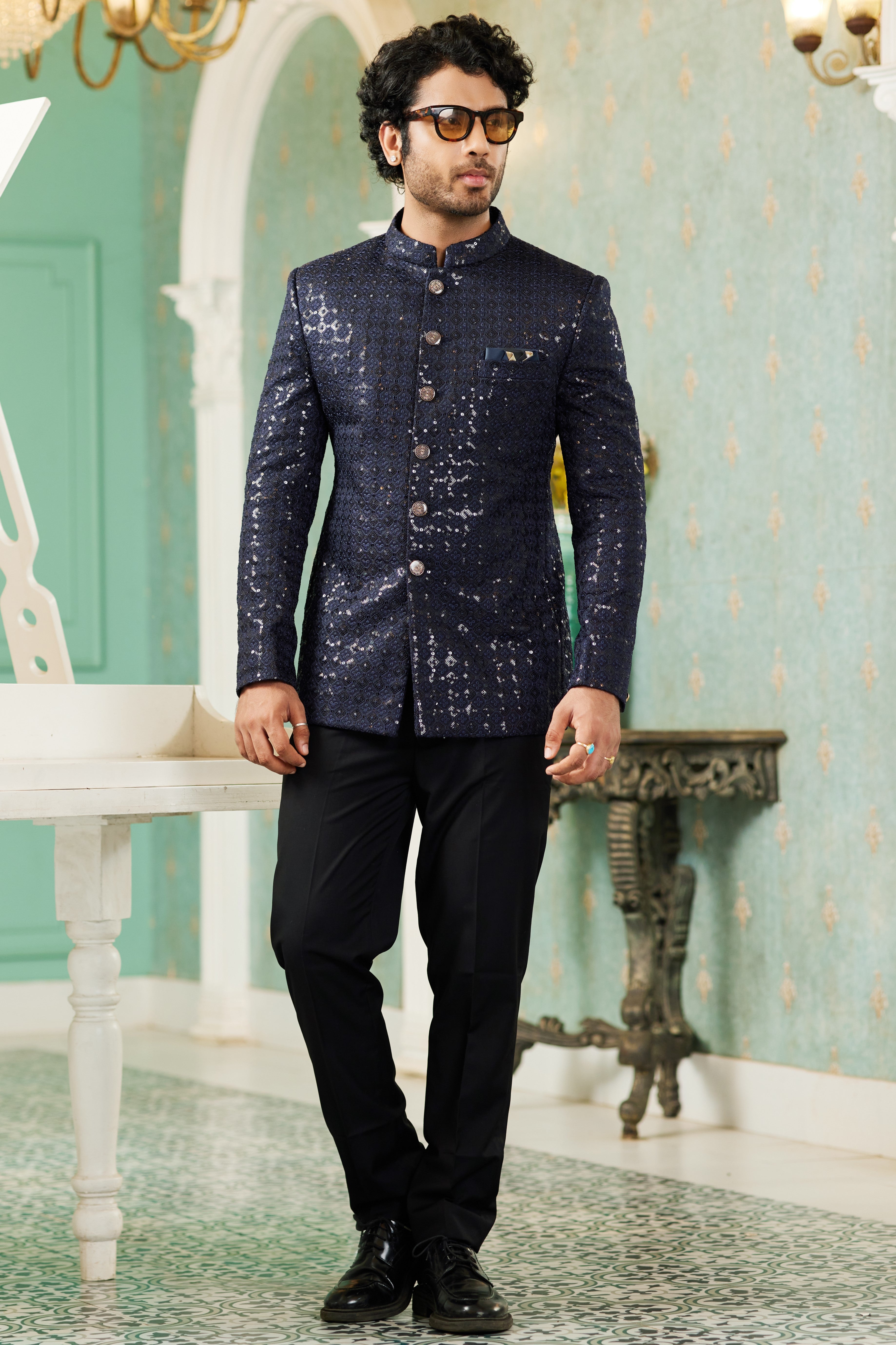 Navy Blue Art Silk Traditional Jodhpuri Suits with Jacket & Pant for Men for Wedding - Thread Embroidery Work