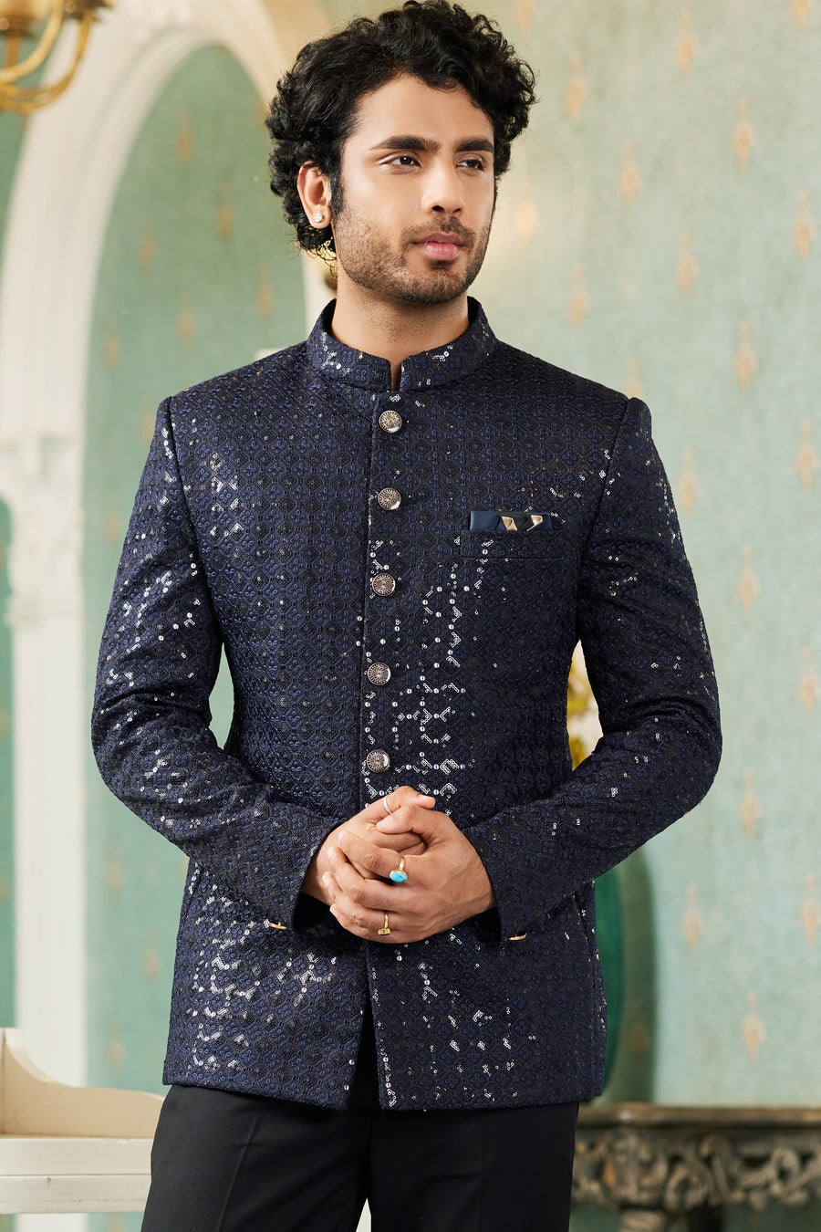 Navy Blue Art Silk Traditional Jodhpuri Suits with Jacket & Pant for Men for Wedding - Thread Embroidery Work