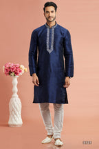 Navy Blue Banarasi Art Silk Plain Kurta Pajama for Men for Festival & Wedding - Embroidery Work